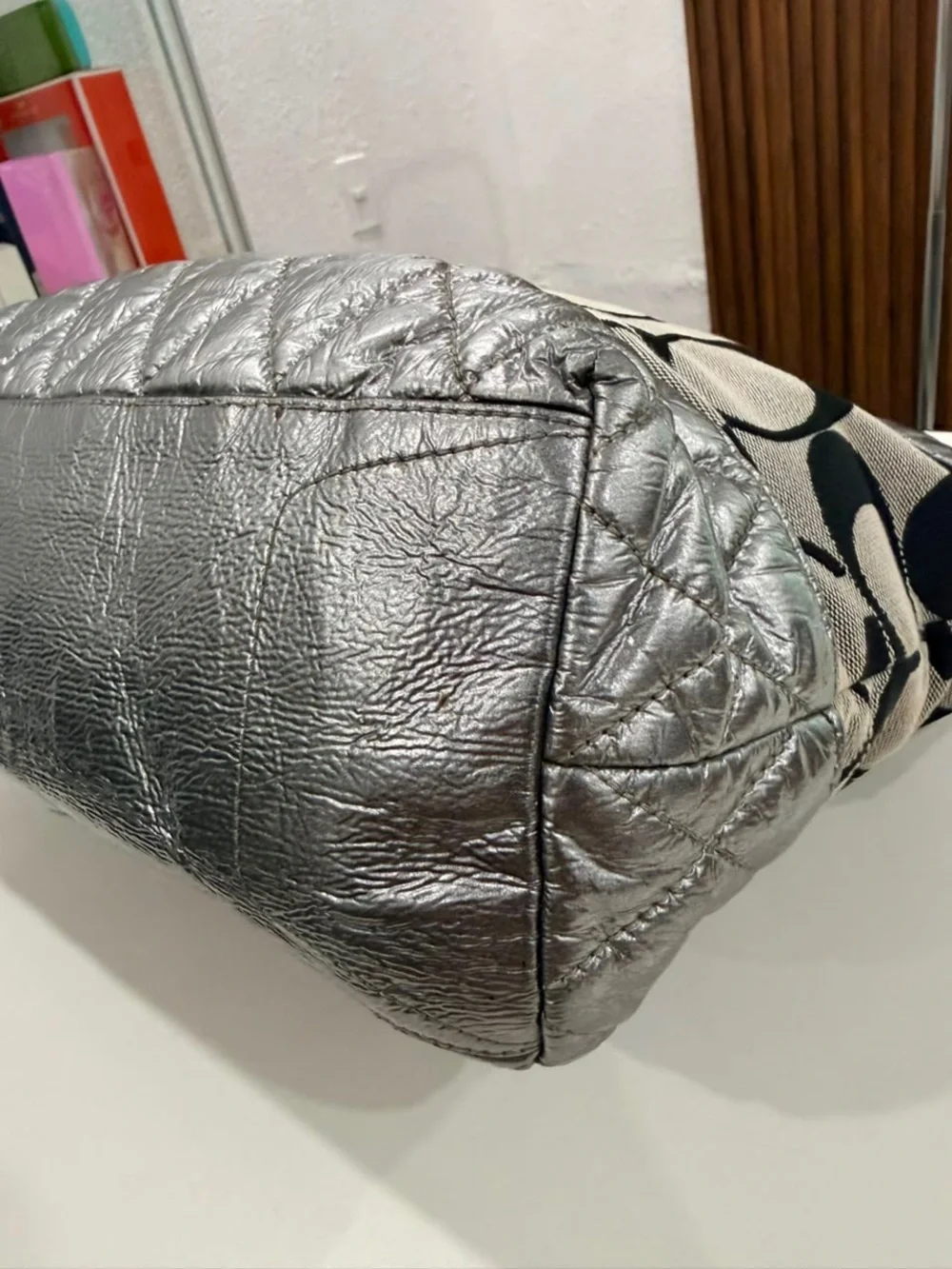 Coach Poppy Silver Quilted Metallic Signature Monogram Gray Black Tote #18676